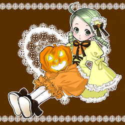  :o ahoge black_ribbon bloomers brown_background drill_hair female green_eyes green_hair halloween jack-o&#039;-lantern kanaria lolita_fashion long_sleeves looking_at_viewer lowres orange_bloomers photoshop_(medium) ribbon rozen_maiden sakuragi_akira short_hair simple_background socks solo twin_drills underwear white_socks 