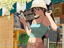  afternoon_(magazine) azuma_kiyohiko bag bare_shoulders book bottle brown_hair bucket_hat can crop_top feline female food hat highres midriff navel payphone phone popsicle reading solo sweat tank_top 