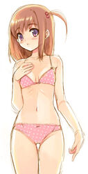  bare_shoulders blush bra brown_hair female hair_bobbles hair_ornament hand_on_own_chest kusari lace lace-trimmed_panties lace_trim lingerie navel orange_hair orihara_akeno panties pink_bra pink_panties pointing pointing_down polka_dot polka_dot_bra polka_dot_panties purple_eyes ribs sakura_koharu short_hair side_ponytail sketch solo standing stomach thigh_gap underwear underwear_only 