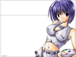  artist_request bare_shoulders belt breasts closed_mouth comic_party crop_top dot_mouth facial_mark female game_console haga_reiko hand_on_own_hip mascot midriff navel personification photoshop_(medium) product_girl purple_eyes purple_hair sega sega_dreamcast short_hair simple_background solo white_background 