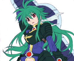  arm_up armor artist_request belt breastplate female flat_color floating_hair green_hair hair_ribbon long_hair navel open_mouth polaris_(shinrabanshou) red_eyes ribbon serious shinrabanshou simple_background solo sword upper_body very_long_hair weapon 