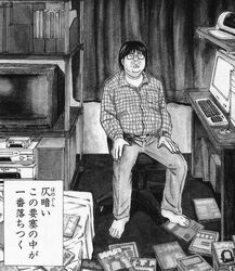  1boy barefoot bedroom computer glasses greyscale hikikomori keyboard_(computer) kurihara_shoushou long_sleeves male_focus messy_room monochrome mouse_(computer) otaku otaku_room solo source_request television translated uramiya_honpo 