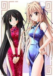  2girls black_hair blonde_hair blush brown_eyes bun_cover china_dress chinese_clothes double_bun dress duplicate green_eyes hair_bun hair_ornament hairclip hanamatsuri_karin hand_on_own_hip lipstick long_hair makeup memories_off memories_off_sorekara misasagi_inori multiple_girls nishimata_aoi pixel-perfect_duplicate smile thighs very_long_hair wrist_cuffs yellow_eyes 