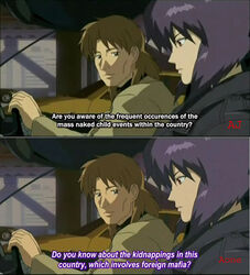  1boy anime_screenshot brown_hair car car_interior comparison fansub female ghost_in_the_shell ghost_in_the_shell_stand_alone_complex jacket kusanagi_motoko motor_vehicle photoshop_(medium) poorly_translated purple_hair short_hair subtitled togusa_(gits) 