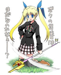  blonde_hair blue_eyes blush borrowed_weapon bow da_capo da_capo_i energy_wings female full_body hairbow kneeling left-handed long_hair long_sleeves lyrical_nanoha mahou_shoujo_lyrical_nanoha parody raising_heart raising_heart_(shooting_mode) solo staff tamura_yukari thighhighs translated twintails voice_actor_connection wings yamai yoshino_sakura 