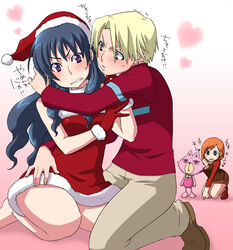  1boy 2girls angry barefoot blonde_hair blue_eyes blue_hair blush blush_stickers chako_(mujin_wakusei_survive) christmas clenched_teeth dress embarrassed furry gloves green_eyes hat howard_(mujin_wakusei_survive) hug imminent_kiss kneeling kuroo_(project_apricot) long_hair long_sleeves luna_(mujin_wakusei_survive) menori mujin_wakusei_survive multiple_girls orange_hair photoshop_(medium) purple_eyes raglan_sleeves red_eyes red_gloves santa_costume santa_hat short_dress skirt smile sparkle staring teeth translated 