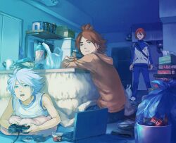  3boys bag book boys_playing_games computer eating food ice_cream ice_cream inazuma_eleven inazuma_eleven_(series) kiyama_hiroto laptop male male_focus multiple_boys nagumo_haruya neet pillow plastic_bag playing_games playstation_2 pocky red_hair red_hair suzuno_fuusuke video_game videogame videogames white_hair 