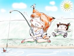  2girls animal_ears blush breasts brown_hair butterfly chibi cleavage cloud fishing fishing_rod fox_ears grass horns multiple_girls orange_hair panties panty_shot pantyshot sky solail_(faya) sun tail tail_wag tail_wagging underwear water 