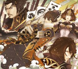  3boys anoringo armor arrow bird black_eyes black_hair bow_(weapon) brown_eyes brown_hair character_request crown facial_hair female female goatee hat male mouri_motonari multiple_boys oda_nobunaga sengoku_musou sengoku_musou_2 sengoku_musou_3 short_hair sword tachibana_ginchiyo tachibana_muneshige weapon 