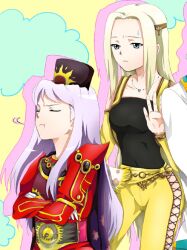  2girls ai_(ai1470) ailove310 arms_crossed blonde_hair blue_eyes celes_chere character_request closed_eyes copyright_request crossed_arms female final_fantasy final_fantasy_vi hat jacket jewelry long_hair multiple_girls necklace pants purple_hair series_request sweatdrop tiara 