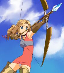  archer archer_(fft) blonde_hair blue_eyes boots bow_(weapon) cloud clouds female female final_fantasy final_fantasy_tactics gloves izumi_(ko8) long_hair marksman outdoors panties pantyshot pum sky solo thigh-highs thighhighs underwear weapon white_panties 