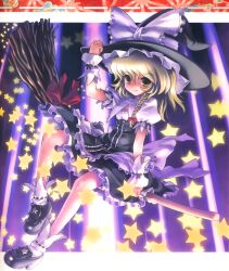  alternate_costume blonde_hair blush braid broom broom_riding dress female female frills hand_on_hat hand_on_headwear hat highres katahira_masashi kirisame_marisa long_hair side_braid sidesaddle smile solo star touhou witch witch_hat 