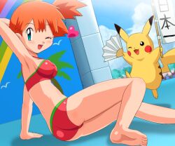  ass barefoot big_breasts blue_eyes breasts dengeki!_pikachu fan feet feet gym_leader hairdo heart jumping kasumi_(pokemon) large_breasts legs looking_back nintendo open_mouth orange_hair paint pikachu pokemoa pokemon pony_tail ponytail red_hair red_hair sexy sideboob sole soles swimsuit tight toes wall wink 