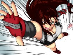  breasts brown_eyes brown_hair cleavage female female final_fantasy final_fantasy_vii fingerless_gloves gloves inudzuka inuzuka_koutarou long_hair miniskirt open_mouth skirt solo suspenders sweat tank_top tanktop tifa_lockhart 