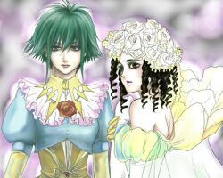  2girls ai_(ai1470) ailove310 asellus bare_shoulders black_eyes black_hair curly_hair dress female flower green_eyes green_hair lowres multiple_girls princess_white_rose rose saga saga_frontier short_hair 