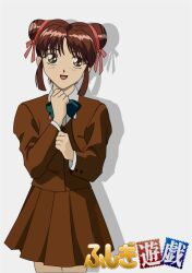  blazer brown_hair double_bun fushigi_yuugi miniskirt school_uniform skirt smile yuuki_miaka 