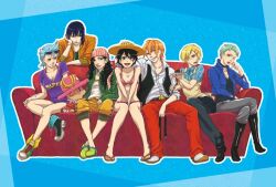  2boys 5girls artist_request bikini black_hair blonde_hair blue_background blue_hair blush boots breasts choker cleavage collared_shirt couch crew everyone franky green_hair hair_over_one_eye hand_on_hat hand_on_headwear hat legs_crossed luffyko monkey_d_luffy multiple_boys multiple_girls nami nami_(one_piece) namizou nico_robin one_piece orange_hair red_pants red_upholstery reindeer roronoa_zoro rule_63 sandals sanji sanjiko scar shirt sitting smile straw_hat sunglasses swimsuit tattoo tony_tony_chopper usopp 