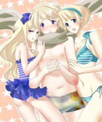  axis_powers_hetalia belarus_(hetalia) bikini blonde_hair blue_eyes breasts long_hair purple_eyes ribbon russia_(hetalia) scarf swimsuit ukraine_(hetalia) violet_eyes 