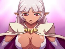  aq_interactive arcana_heart atlus breast_clinging breasts dark_skin elf examu large_breasts large_heair long_hair misao_(kami_no_misoshiru) parace_l&#039;sia pointy_ears red_eyes silver_hair 