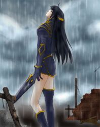  black_hair boots chikican female female legend_of_dragoon long_hair looking_up lowres outdoors rain rose_(dragoon) rose_(lod) sky solo sword the_legend_of_dragoon thigh-highs thighhighs weapon 