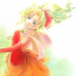  cape chikican detached_sleeves earrings female final_fantasy final_fantasy_vi gradient gradient_background green_eyes green_hair jewelry lowres ponytail red_ribbon ribbon solo tina_branford white_background 