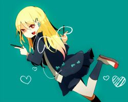  1boy afuro_terumi aphrodi blonde_hair digital_media_player hair_ornament hairclip inazuma_eleven inazuma_eleven_(series) male_focus mp3_player red_eyes ribbon ribbons shoes simple_background sneakers solo trap uniform 