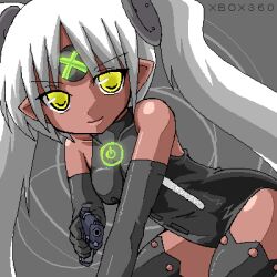  dark_skin gun lowres thigh-highs thighhighs weapon white_hair xbox xbox-tan yellow_eyes 