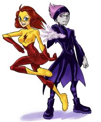  1boy blue_eyes cartoon_network couple dc_comics female female grey_skin headband jinx kid_flash lightning_bolt long_hair male miniskirt purple_eyes purple_hair red_hair red_hair rule_63 sen_(pixiv111638) short_hair skirt teen_titans trench_coat trenchcoat violet_eyes wally_west 