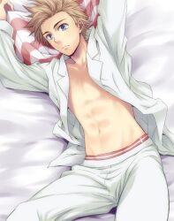  1boy abs axis_powers_hetalia bed blonde_hair blue_eyes denmark_(hetalia) frown lying male male_focus open_clothes open_shirt pillow shirt solo underwear 