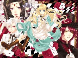  alice_(wonderland) alice_in_wonderland animal_ears black_hair blonde_hair blue_eyes boots cheshire_cat dress flowers glasses gray_hair group hat long_hair mad_hatter pink_eyes queen_of_hearts red_eyes red_hair ribbons rose short_hair tail tattoo white_hair white_rabbit yellow_eyes 