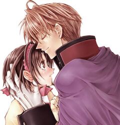  blush brown_eyes brown_hair camus_(suikoden) cape closed_eyes couple female gensou_suikoden gensou_suikoden_ii gloves hairband lowres male nanami nanami_(suikoden) norihe short_hair suikoden suikoden_ii 