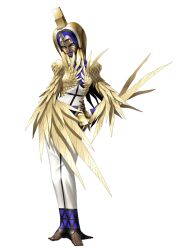  atlus barefoot blue_eyes dark-skinned_female dark_skin dark_skinned_female demon feathers feathers female female full_body isis isis_(shin_megami_tensei) lipstick makeup persona shin_megami_tensei simple_background solo white_background 