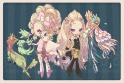  2girls blonde_hair carbuncle carbuncle_(final_fantasy) celes_chere detached_sleeves female final_fantasy final_fantasy_vi hair_ornament long_hair multiple_girls noromi pants pink_eyes pink_ribbon purple_eyes ribbon stockings thighhighs tina_branford very_long_hair violet_eyes 