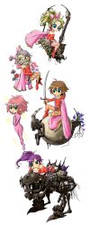  2boys 3girls absurdres akuyu akuyuu_(akuyuworld) blonde_hair blue_eyes bodysuit brown_eyes brown_hair butz_klauser cape earrings facial_hair faris_scherwiz female final_fantasy final_fantasy_5 final_fantasy_vi galuf_halm_baldesion green_eyes grey_hair highres jewelry krile_mayer_baldesion lenna_charlotte_tycoon long_hair male moustache multiple_boys multiple_girls pantyhose pink_hair pink_ribbon ponytail purple_hair ribbon short_hair sword tina_branford tina_branford_(cosplay) weapon 