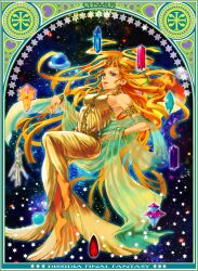  armlet art_nouveau bad_id bad_pixiv_id barefoot blonde_hair blue_eyes cosmos_(dff) crown crystal dissidia_final_fantasy female final_fantasy floating_hair highres long_hair solo space very_long_hair wataame_(green_tea) 