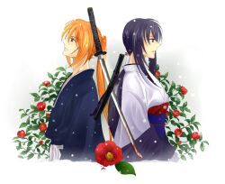  1boy blood blue_eyes blue_hair couple female female flower himura_kenshin izru japanese_clothes kimono long_hair male orange_hair ponytail rurouni_kenshin scar sword weapon yukishiro_tomoe 