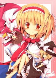  alice_margatroid blonde_hair bow brown_hair detached_sleeves female grin hairband hairbow hakurei_reimu hat hat_ribbon huei_naduki huei_nazuki japanese_clothes kirisame_marisa miko red_eyes ribbon side_ponytail smile touhou witch witch_hat yellow_eyes 