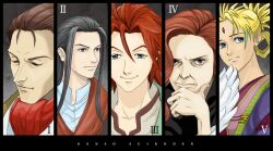  4boys black_eyes black_hair blonde_hair blue_eyes brown_eyes brown_hair character_request closed_eyes dark_skin female female gensou_suikoden gensou_suikoden_i gensou_suikoden_ii gensou_suikoden_iii gensou_suikoden_iv gensou_suikoden_v gradient_hair green_hair long_hair lucretia_merces male multicolored_hair multiple_boys red_hair red_hair short_hair suikoden suikoden_i suikoden_ii suikoden_iii suikoden_iv suikoden_v yama_(pixiv1271496) 