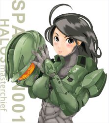  :p ahoge armor background_text black_eyes black_hair blush breasts error halo halo_(game) halo_3 headwear_removed helmet helmet_removed long_hair master_chief power_armor rule_63 spartan(halo) spartan_(halo) tongue tongue_out 