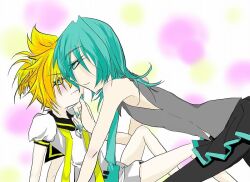  2boys blush crossdressing hatsune_mikuo kagamine_len milenkuo poorly_drawn skirt smirk vocaloid yaoi 