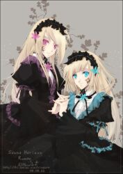  blonde_hair blue_eyes dress gothic_lolita holding_hands hortense lolita_fashion long_hair multiple_girls non-web_source pink_eyes ribbon roman siblings sinsora sound_horizon tattoo twins violette 