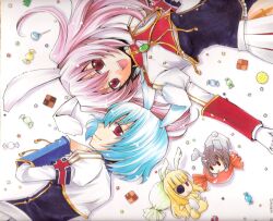  07th_expansion animal_ears blue_hair bunny_ears candy chiester00 chiester410 chiester45 chiester556 chiester_sisters cookie cookies food lying no_naku_koro_ni_(series) pink_hair red_eyes siesta00 siesta410 siesta45 siesta556 siesta_sisters smile sweets umineko_no_naku_koro_ni uniform 