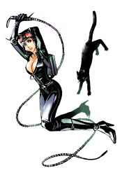  animal animal_ears backpack bag batman_(series) big_breasts black_cat bodysuit boots breasts cat_ears catwoman cleavage dc_comics feline female female goggles green_eyes high_heel_boots high_heels highres jumping large_breasts petri randoseru shoes simple_background solo whip 