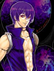  1boy bare_chest character_request male male_focus muscle open_clothes open_shirt purple_hair red_eyes shirt short_hair solo wings 