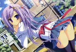  absurdres arm_support hair_ornament hairclip highres long_hair panties pantyshot prism_rhythm purple_eyes purple_hair school_uniform sesena_yau skirt solo thighhighs tokitou_kasumi underwear white_panties 