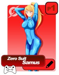  alpha_channel artist_request beauty_mark blonde_hair blue_eyes blush bodysuit eyebrows_visible_through_hair female hands_behind_head long_hair metroid mole nintendo png ponytail rubber rubber_clothing rubber_suit samus_aran shiny_clothes smile solo text tied_hair wii_u_pro_controller zero_suit zero_suit_samus 