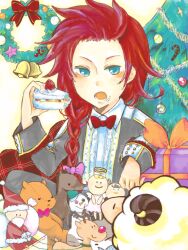  1boy bear blue_eyes cake christmas doll food fruit gift indoors long_hair male male_focus red_hair red_hair sheep solo strawberry tales_of_(series) tales_of_symphonia toy toys tree zelos_wilder 