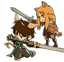  2girls agrias_oaks animal_ears blonde_hair blue_eyes braid brown_eyes brown_hair cat_ears cat_tail chibi female final_fantasy final_fantasy_tactics long_hair meliadoul_tengille multiple_girls nawashiro short_hair single_braid squat squatting sword tail weapon wolf_ears wolf_tail 