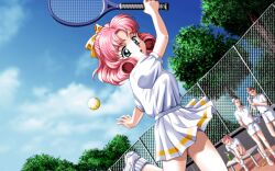  3boys ball female game_cg kakyuusei multiple_boys pink_hair racket sky sportswear tennis tennis_ball tennis_racket tennis_uniform 