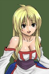  arc_the_lad arc_the_lad_ii bare_shoulders blonde_hair breasts brown_eyes cleavage dress erugiza female female lieza long_hair open_mouth simple_background solo 